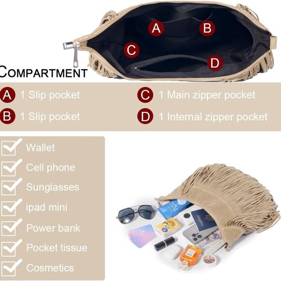 Classic 70s Style Fringe Shoulder Bag - Medium Vegan Suede Purse for Daily Use - Picture 2 of 6